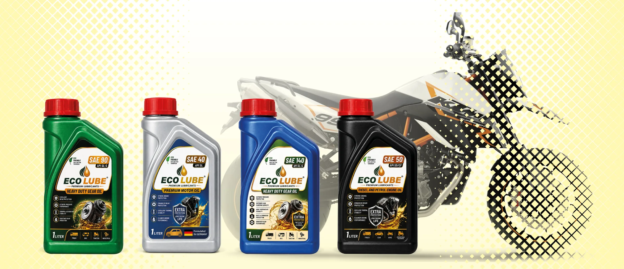 ECO LUBE 1 litre bottles with a motorbike