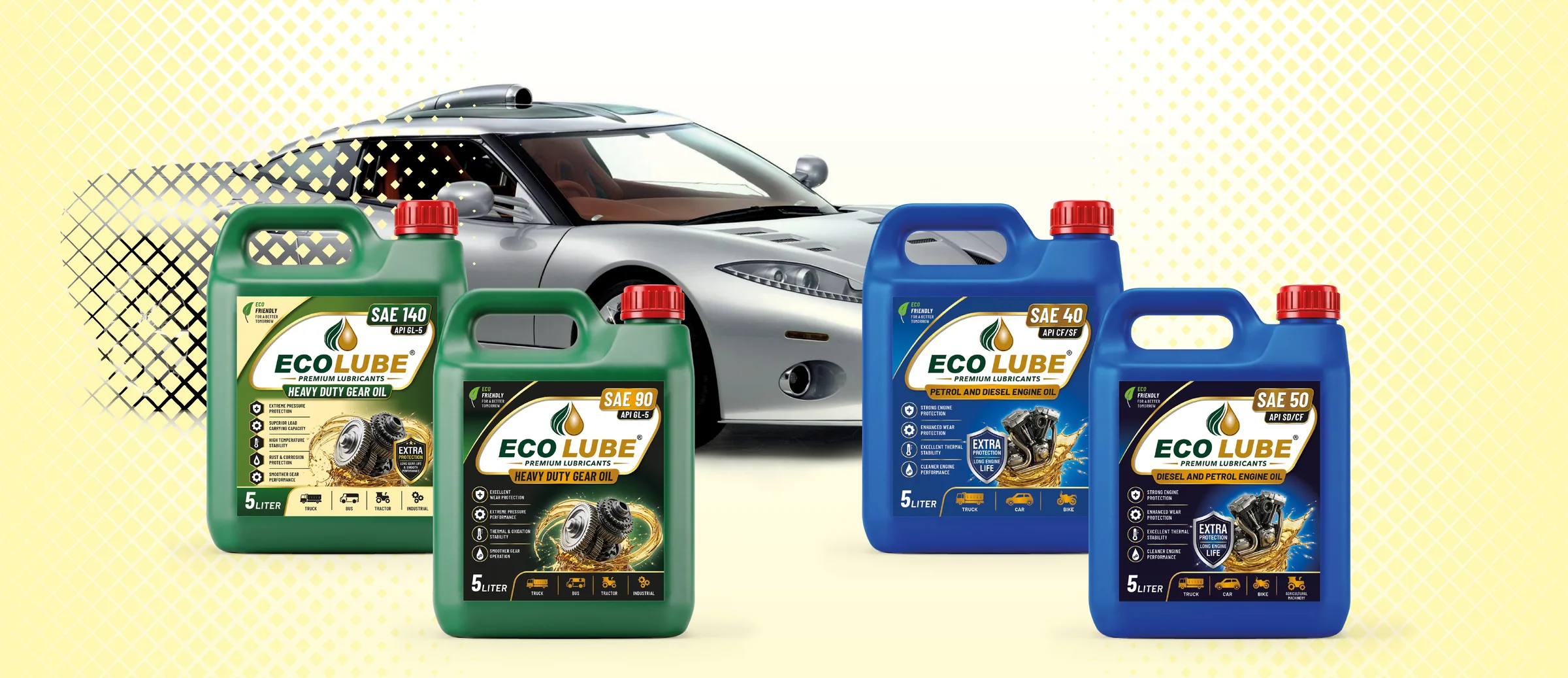 ECO LUBE 5 litre engine and gear oil cans with a silver passenger car
