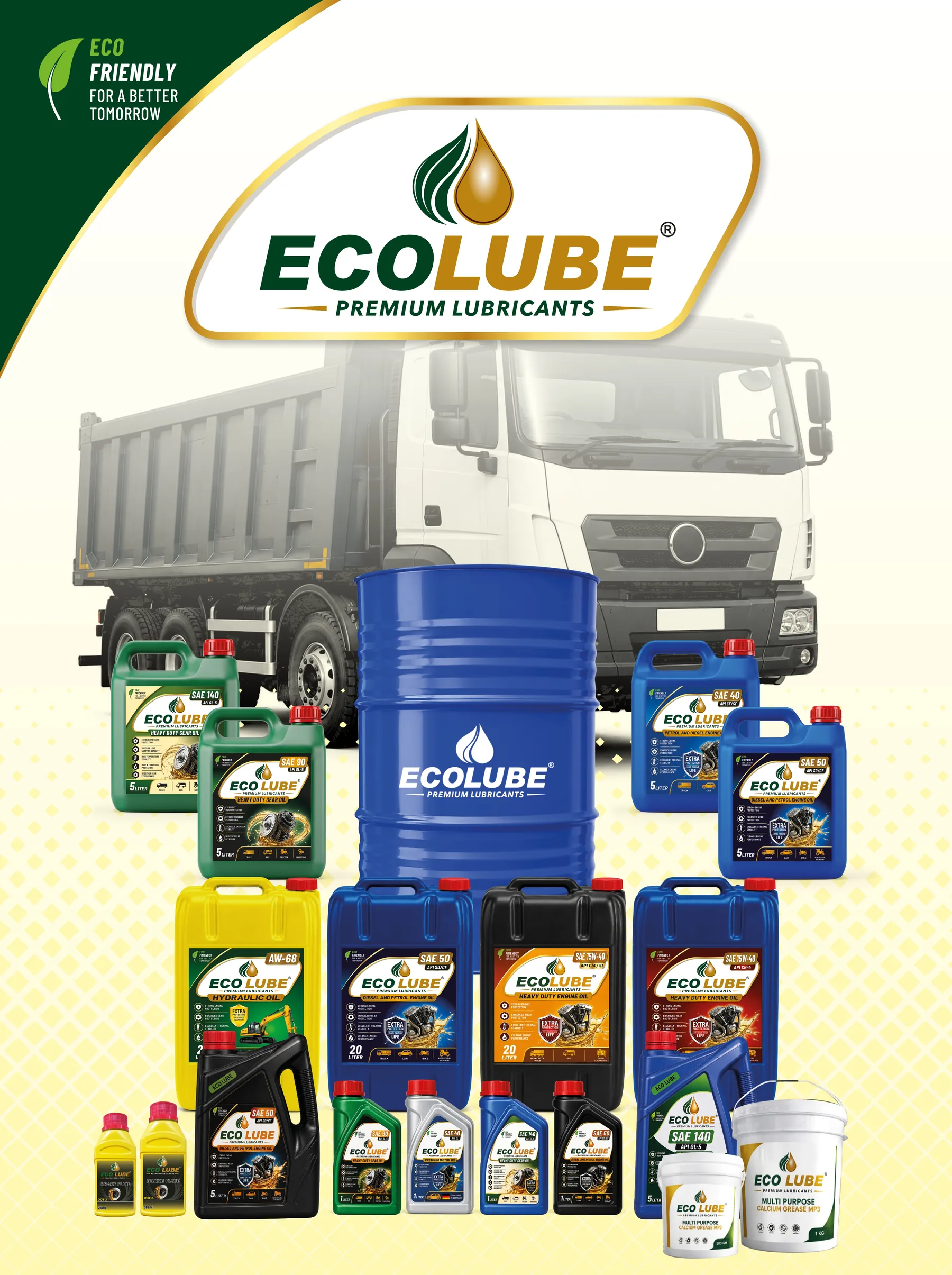 The full ECO LUBE range — drum, 20 litre, 5 litre and 1 litre packs, brake fluid and grease — in front of a tipper truck