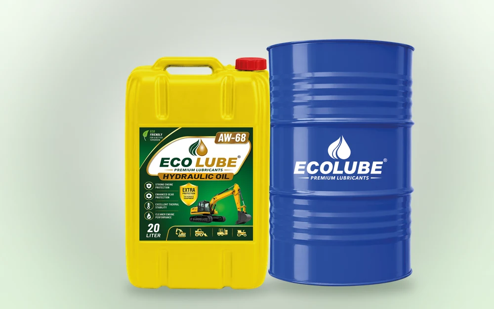 ECO LUBE AW-68 hydraulic oil in a 20 litre pack beside an ECO LUBE drum