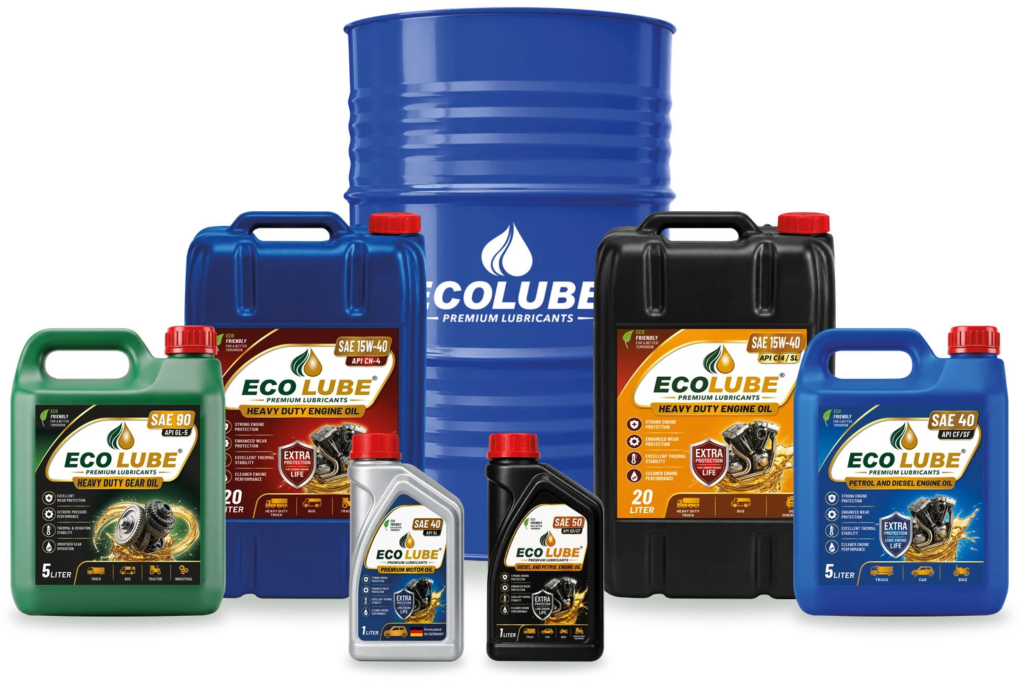 ECO LUBE product range: drum, 20 litre, 5 litre and 1 litre packs